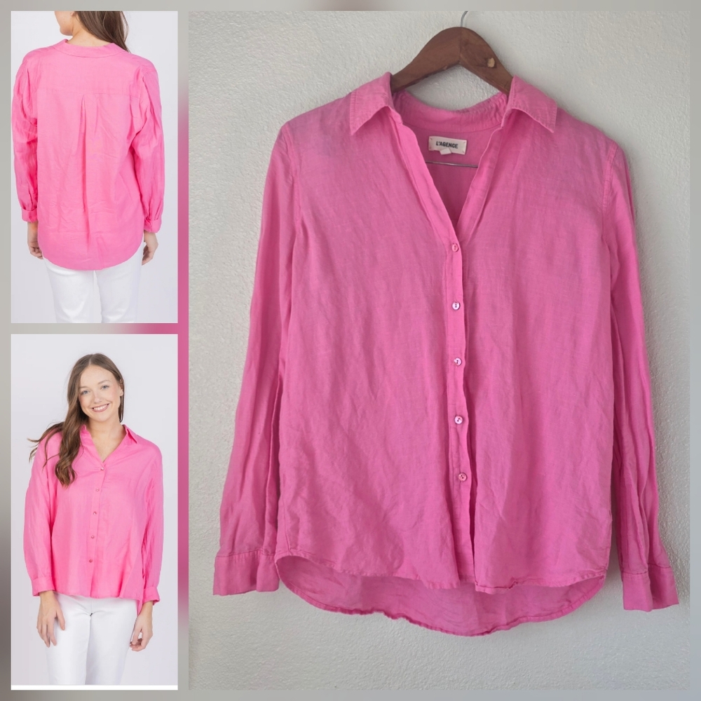 L’agence Nina Blouse Size Small Pink Sugar Plum Button Up Collared Relaxed Linen
